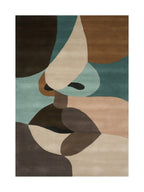 Tapis abstrait moderne Bonnieux, formes arrondies vert d'eau, brun, caramel et beige, vue de dessus