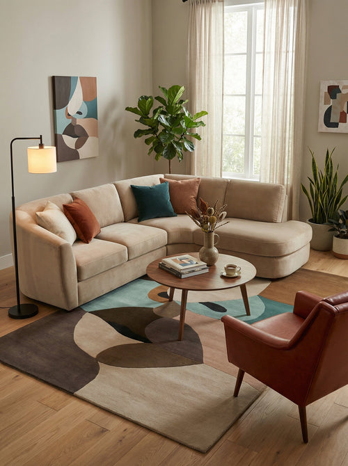 Tapis Bonnieux sous une table basse ronde en bois dans un salon avec canapé beige