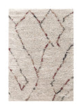 Tapis berbère crème Arles à poils longs, motifs bordeaux et gris, vue de dessus
