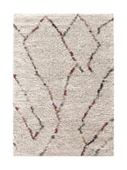 Tapis berbère crème Arles à poils longs, motifs bordeaux et gris, vue de dessus