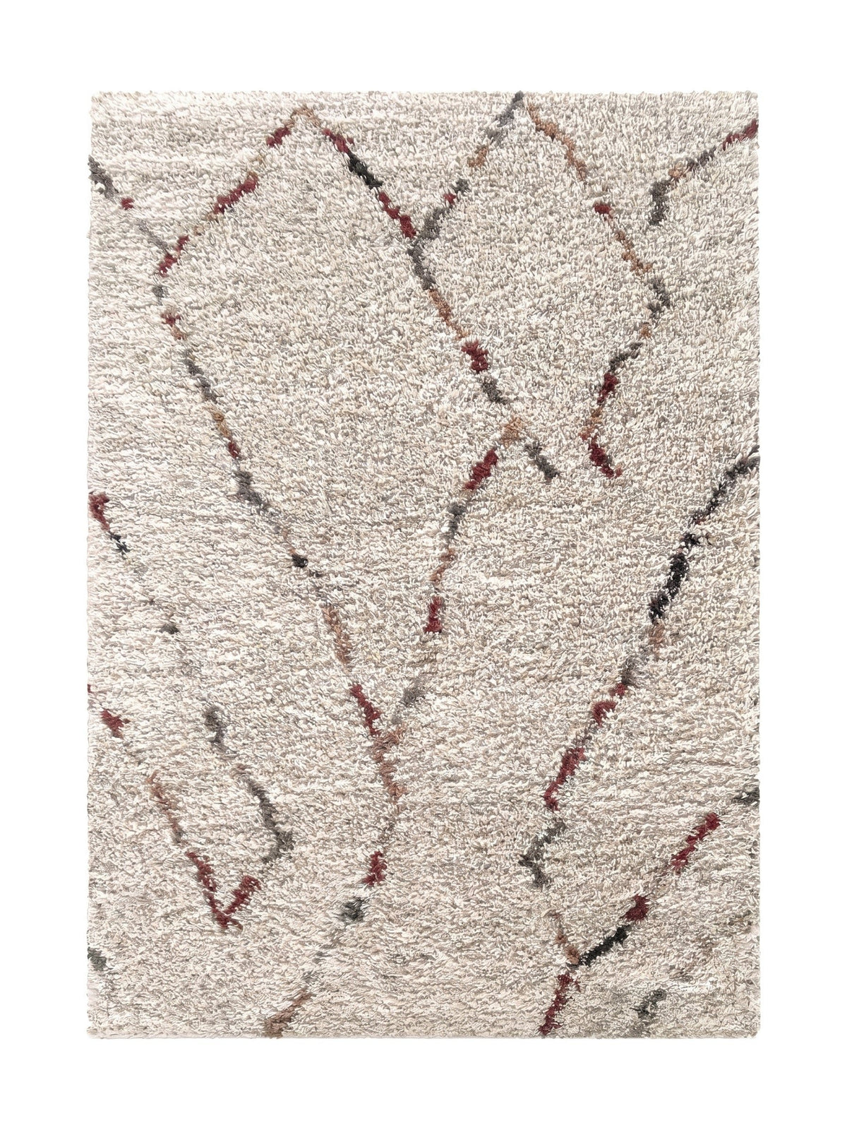Tapis berbère crème Arles à poils longs, motifs bordeaux et gris, vue de dessus