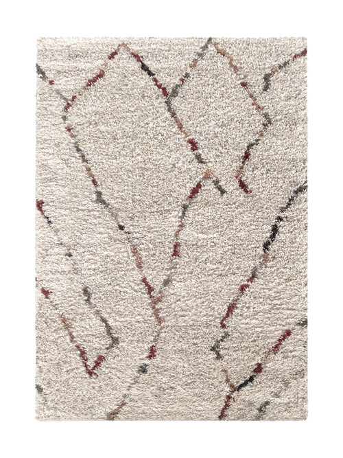 Tapis berbère crème Arles à poils longs, motifs bordeaux et gris, vue de dessus