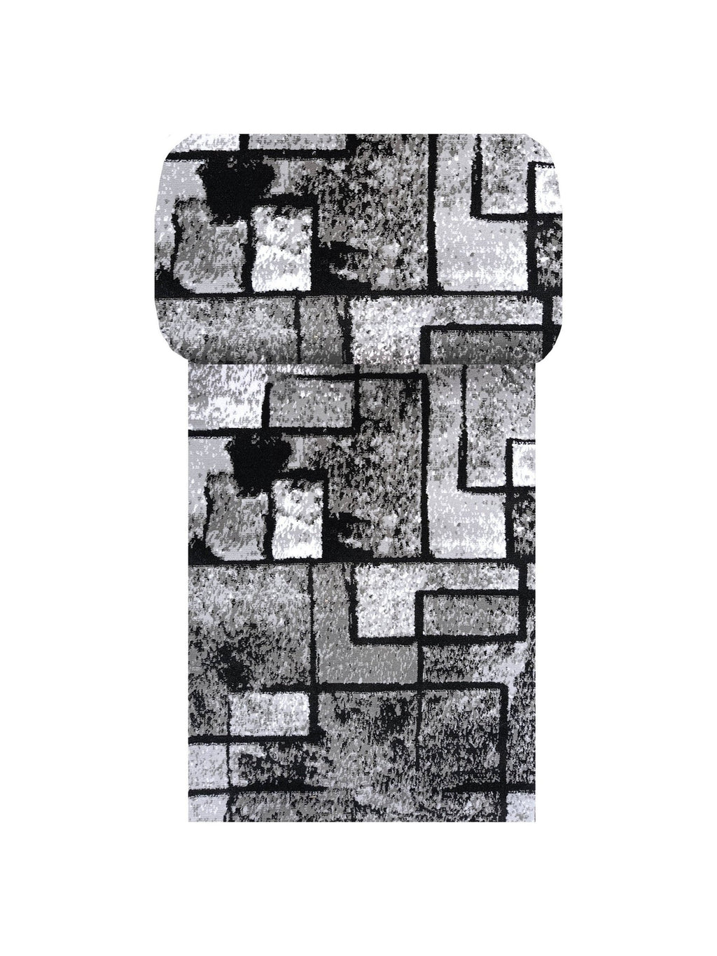 Tapis de couloir géométrique gris Dordogne, blocs gris et lignes noires, vue de dessus