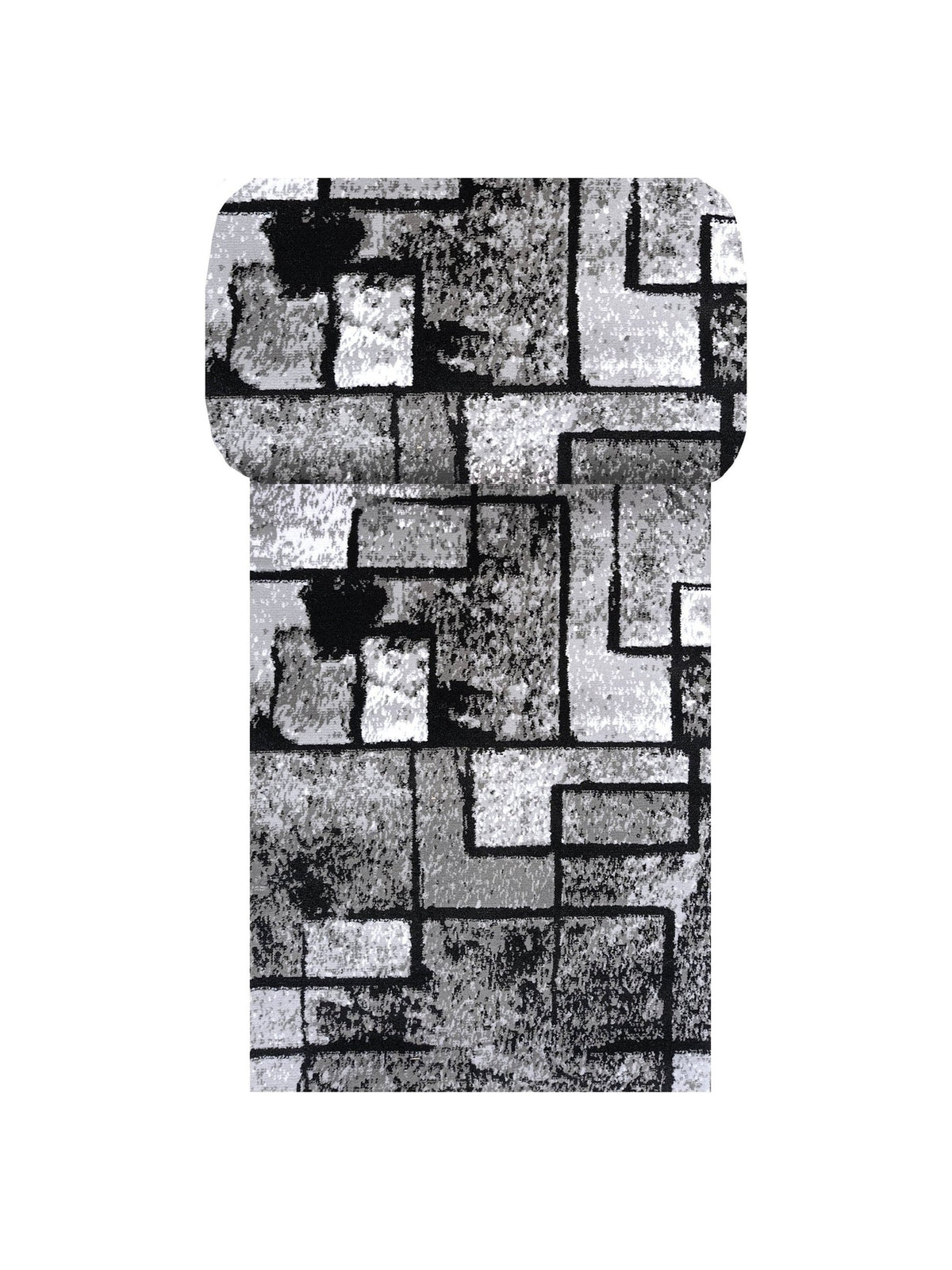 Tapis de couloir géométrique gris Dordogne, blocs gris et lignes noires, vue de dessus