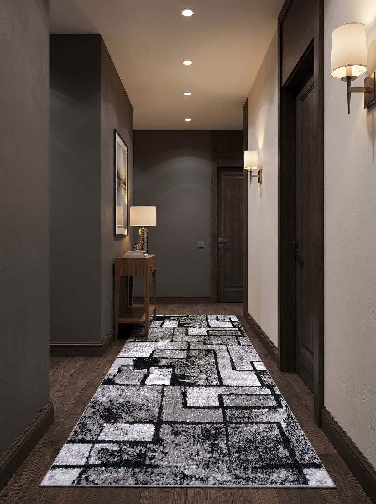 Tapis de couloir Dordogne dans une entrée aux murs sombres et appliques