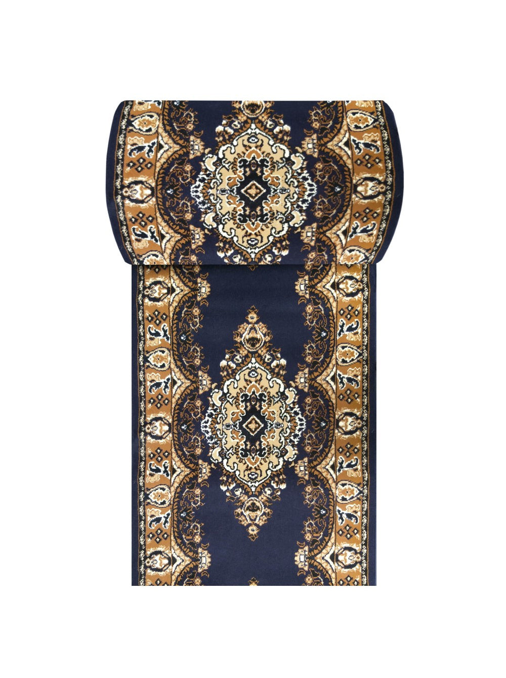 Tapis de couloir oriental Seine bleu marine, médaillons crème et bordure caramel, vue de dessus
