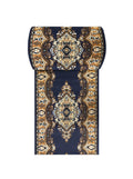 Tapis de couloir oriental Seine bleu marine, médaillons crème et bordure caramel, vue de dessus