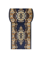 Tapis de couloir oriental Seine bleu marine, médaillons crème et bordure caramel, vue de dessus