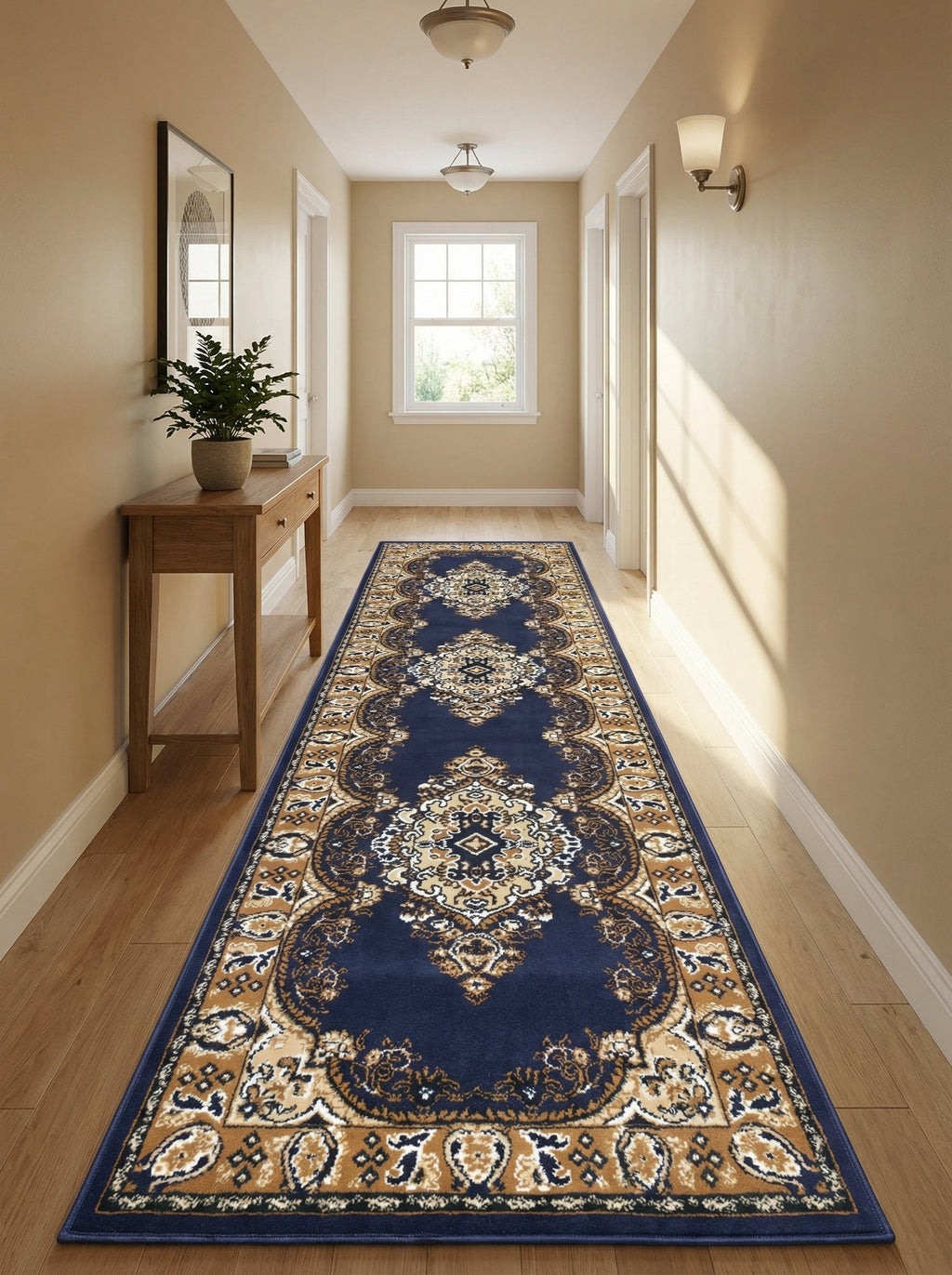 Tapis de couloir Seine dans un couloir lumineux sur parquet clair avec console en bois