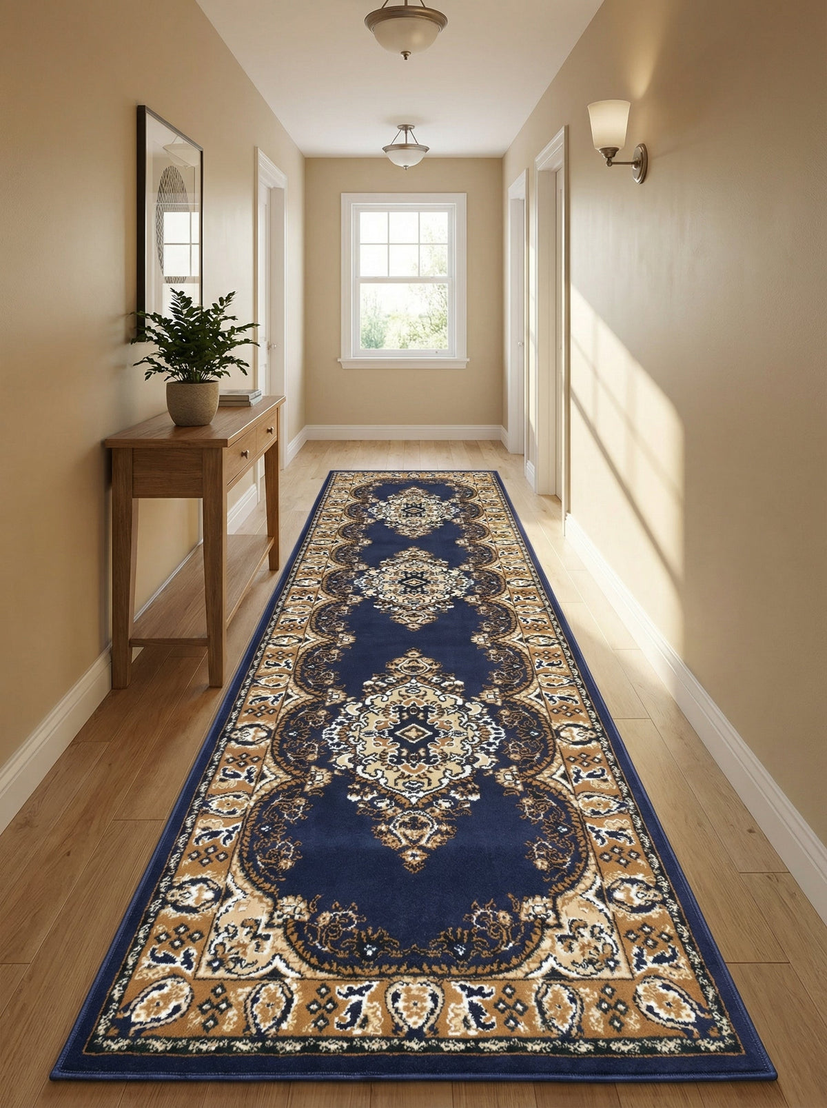 Tapis de couloir Seine dans un couloir lumineux sur parquet clair avec console en bois