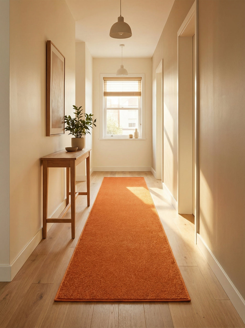 Tapis de couloir terracotta Garonne dans un couloir ensoleillé sur parquet clair