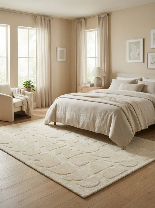 Tapis crème en relief Uzès sous un lit dans une chambre aux tons beige