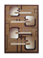 Tapis moderne géométrique Menton, formes arrondies crème et chocolat sur fond caramel, vue de dessus