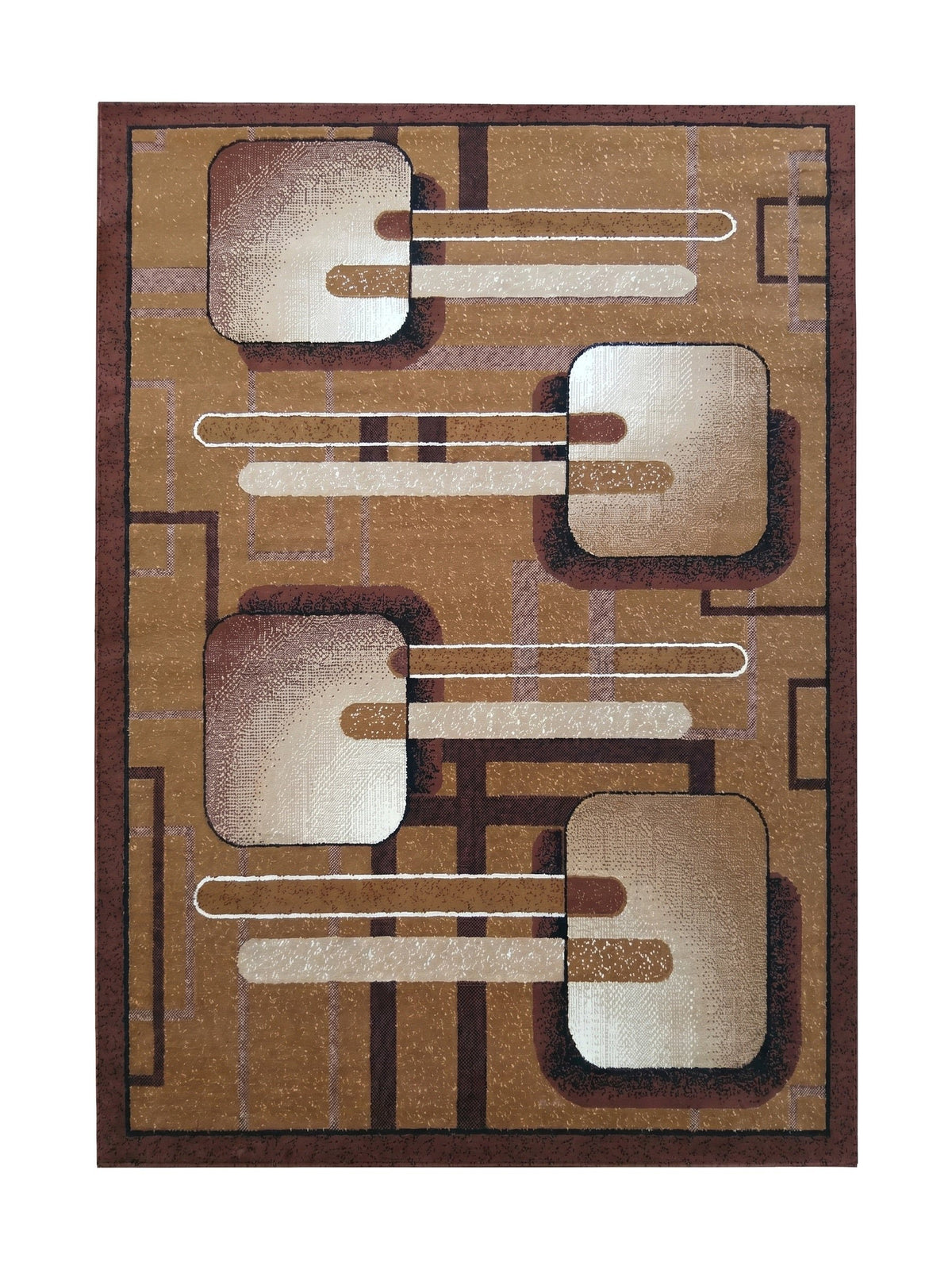 Tapis moderne géométrique Menton, formes arrondies crème et chocolat sur fond caramel, vue de dessus