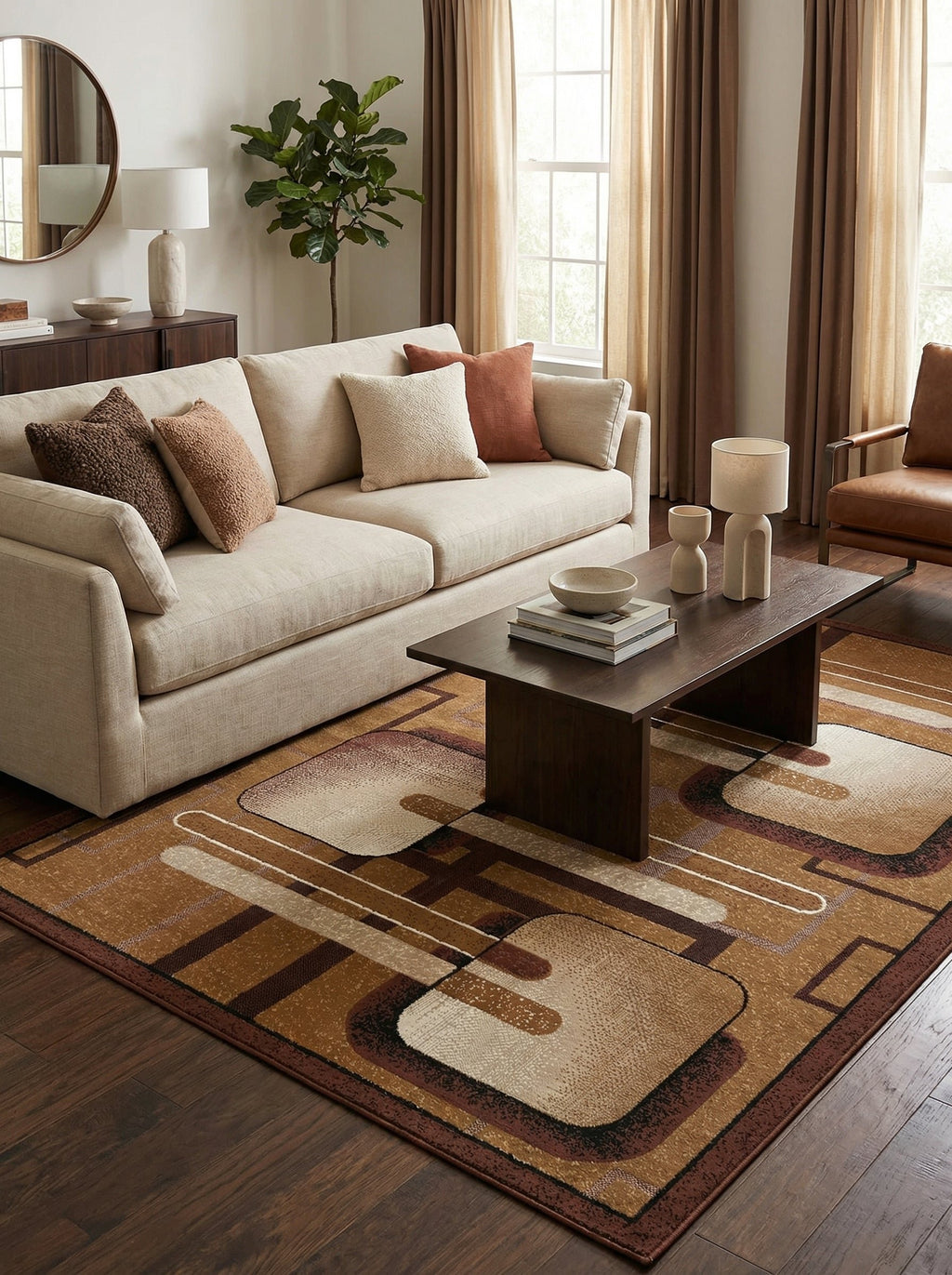 Tapis Menton sous une table basse en bois foncé devant un canapé beige