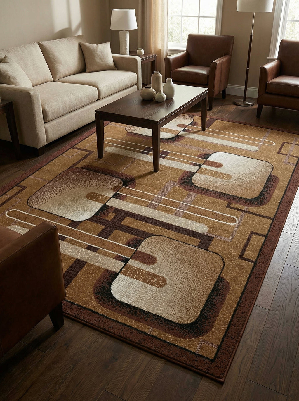 Tapis moderne géométrique Menton dans un salon avec fauteuils en cuir marron