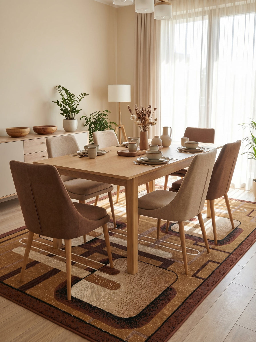 Tapis Menton sous une table de salle à manger en bois clair