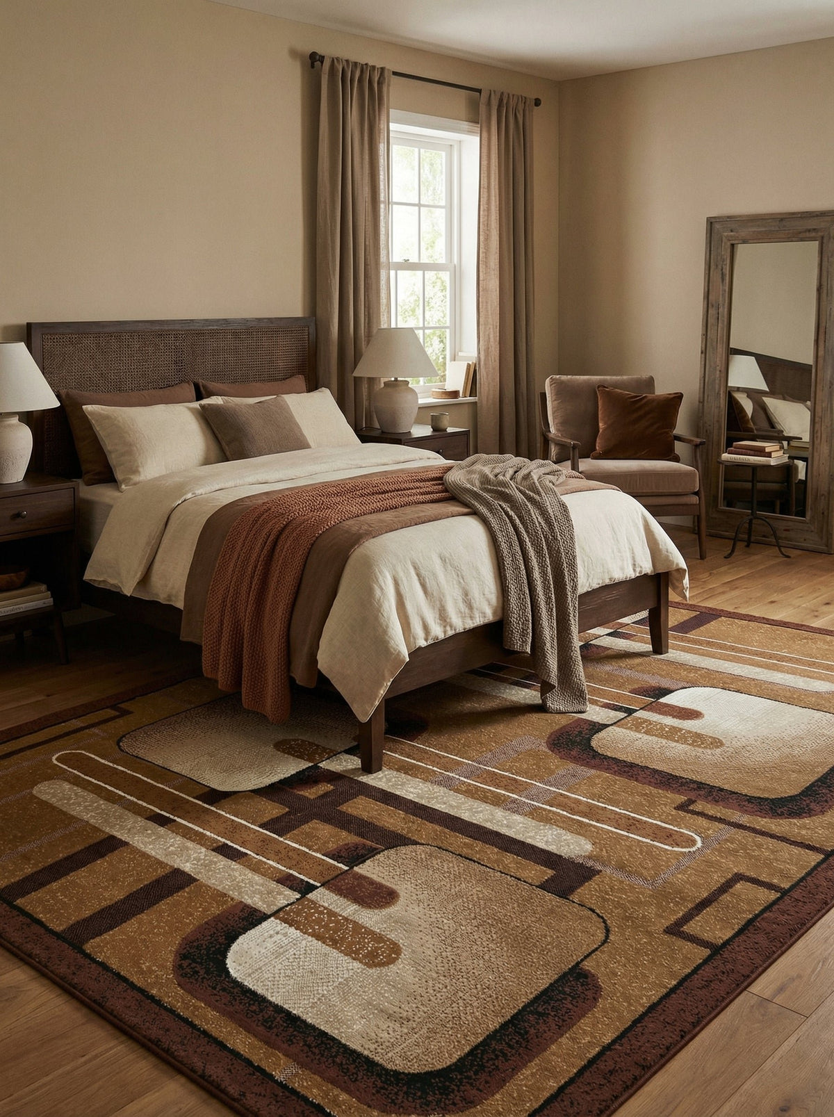 Tapis moderne Menton au pied d'un lit dans une chambre aux tons bruns