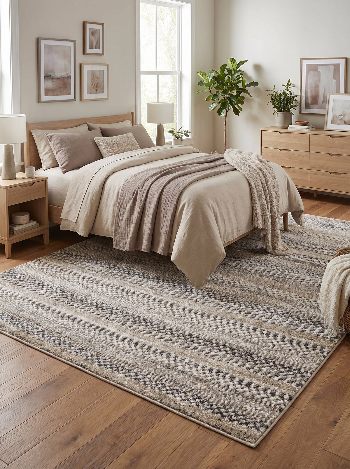 Tapis rayé chiné Céret sous un lit en bois dans une chambre aux tons naturels