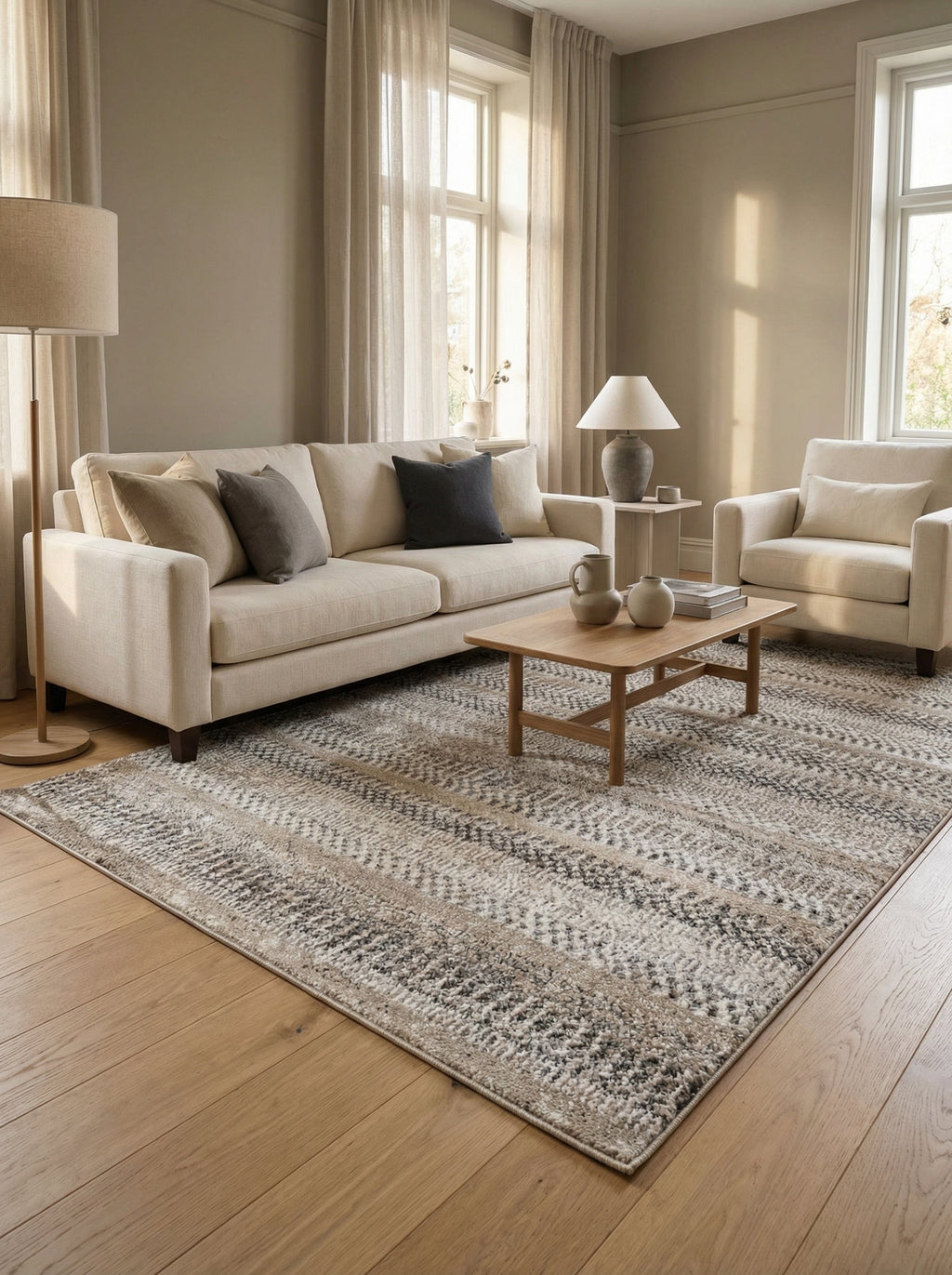 Tapis Céret sous une table basse en bois devant un canapé crème