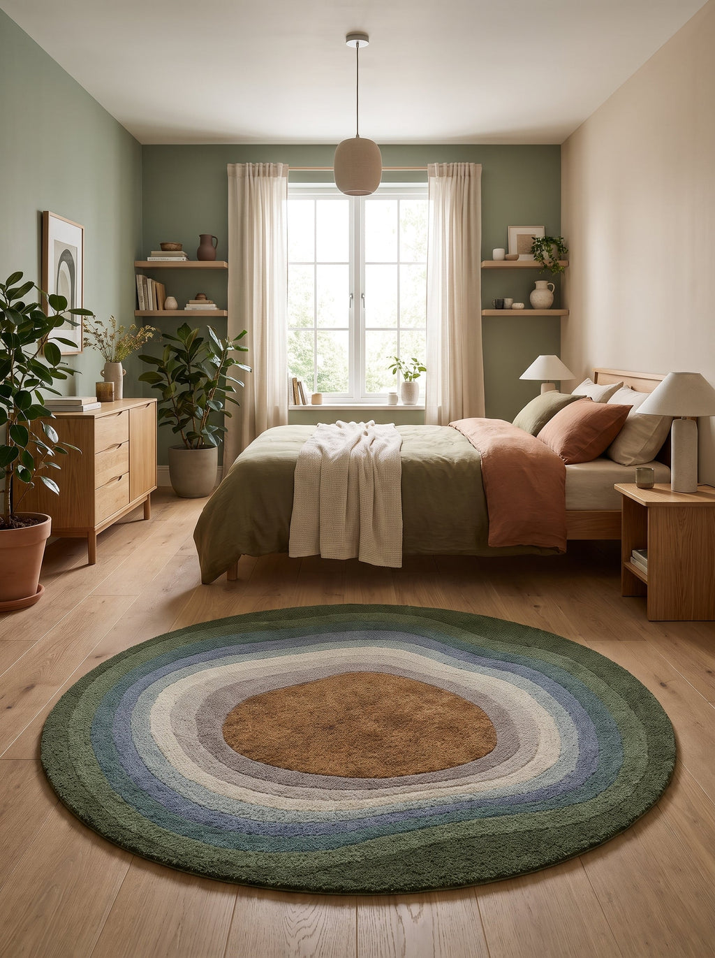 Tapis rond Ombre au pied d'un lit dans une chambre aux murs vert sauge
