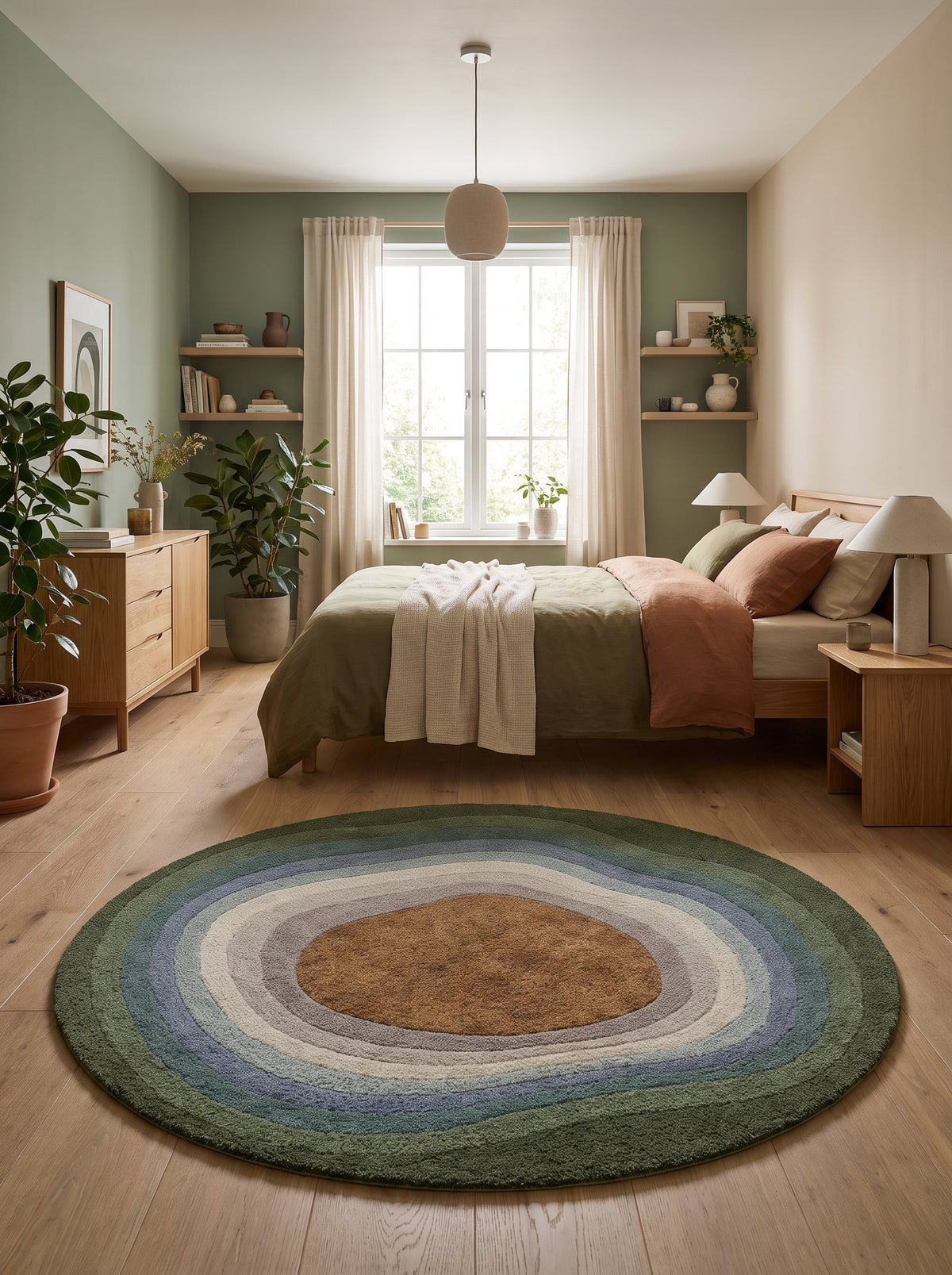 Tapis rond Ombre au pied d'un lit dans une chambre aux murs vert sauge