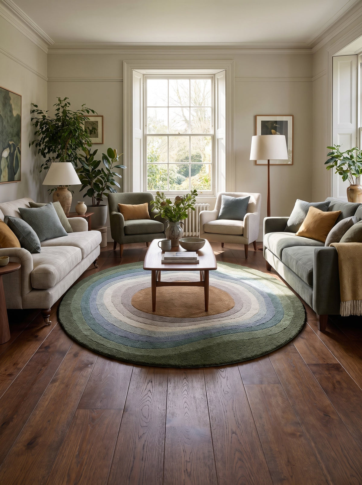 Tapis rond Ombre sous une table basse en bois entre deux canapés