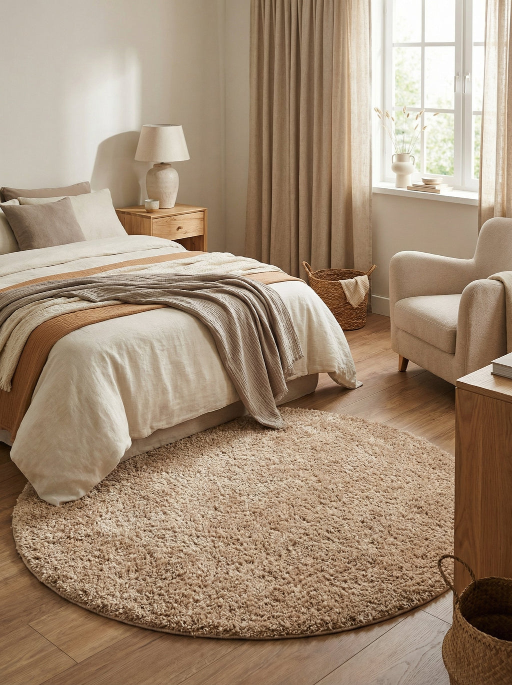 Tapis rond shaggy beige Ocre au pied d'un lit dans une chambre aux tons naturels