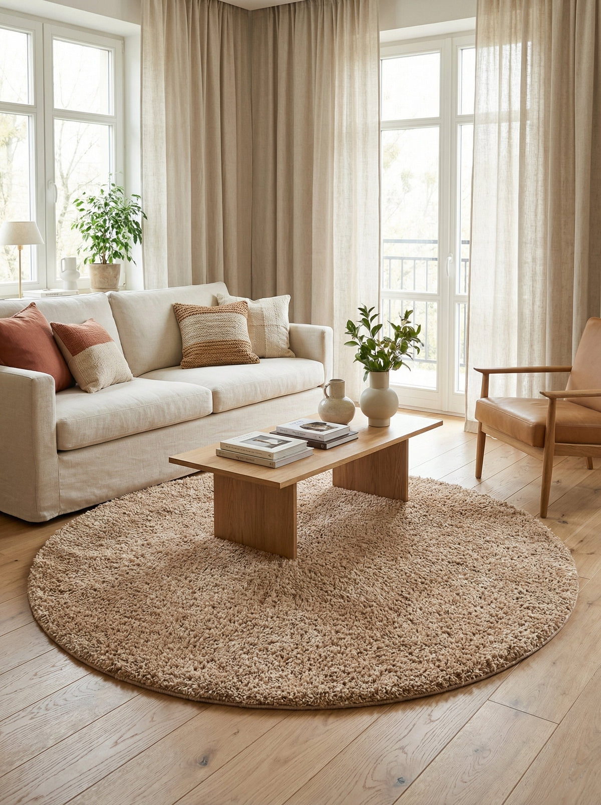 Tapis rond Ocre sous une table basse en bois devant un canapé en lin