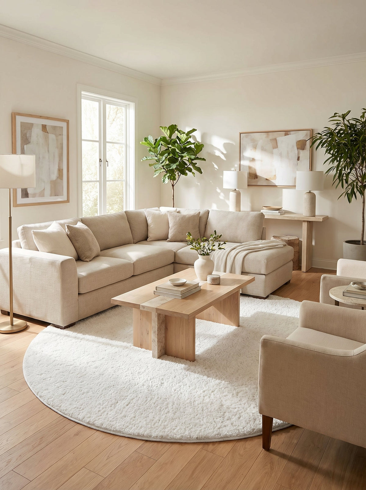 Tapis rond Craie sous une table basse en bois devant un canapé d'angle beige