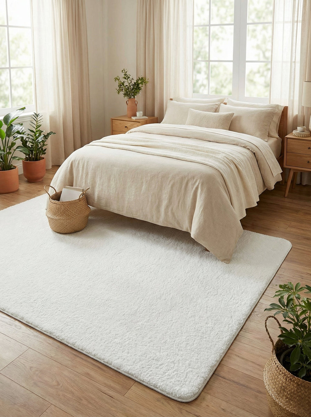 Tapis blanc Vence au pied d'un lit dans une chambre lumineuse