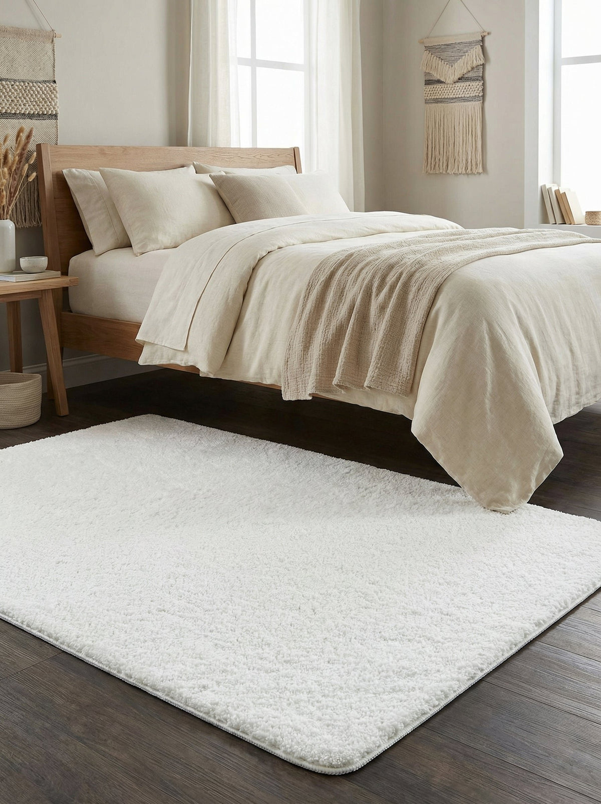 Tapis shaggy Vence sous un lit en bois sur parquet foncé
