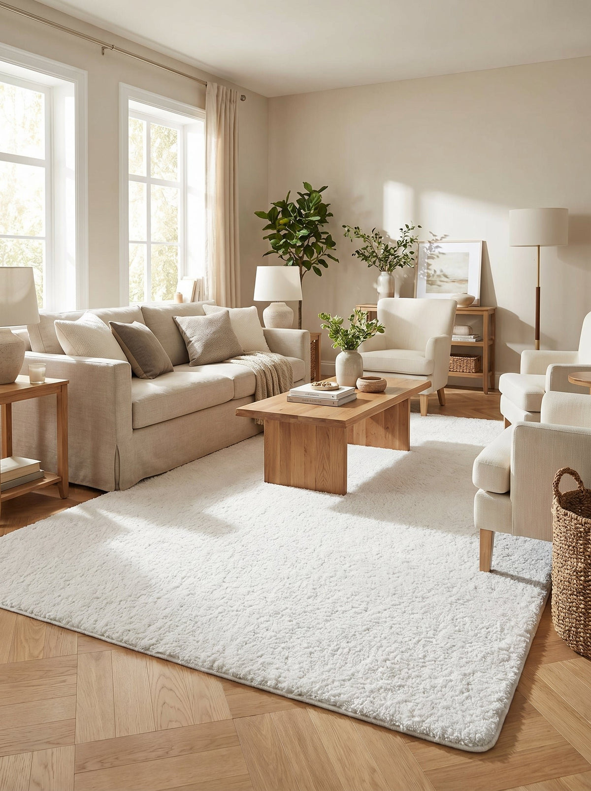 Tapis blanc Vence dans un salon clair sous une table basse en bois