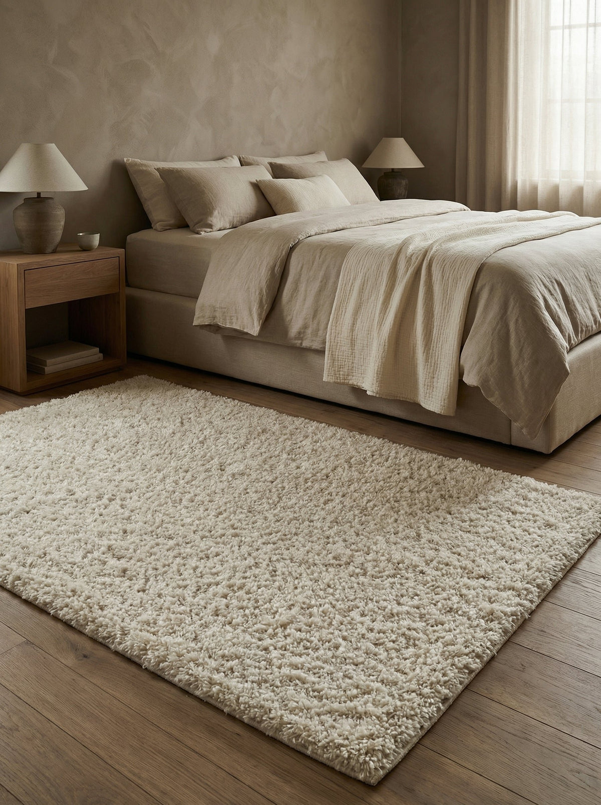 Tapis shaggy Sète au pied d'un lit dans une chambre aux tons lin