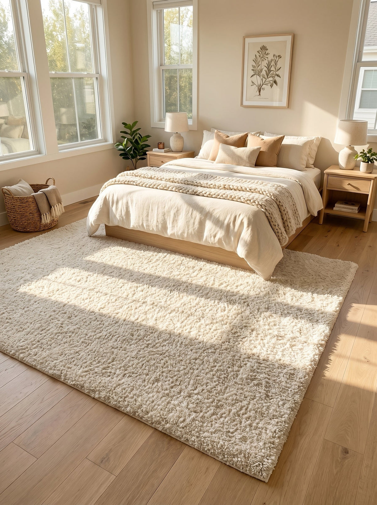 Tapis écru Sète sous un lit dans une chambre ensoleillée