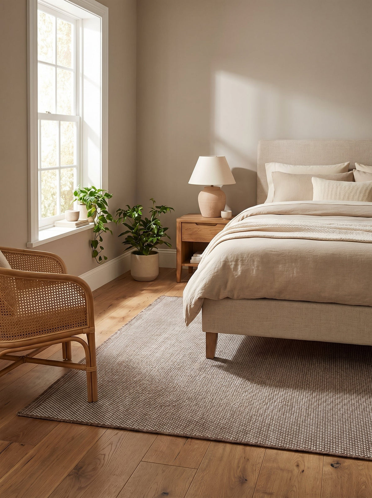 Tapis beige Cassis au pied d'un lit dans une chambre lumineuse