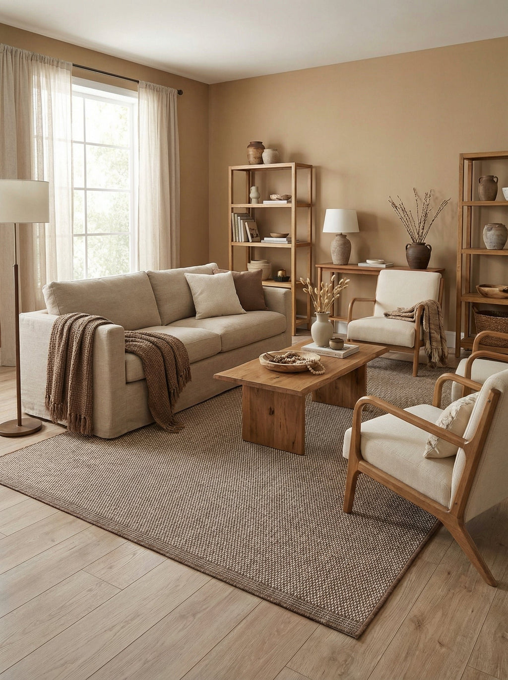 Tapis Cassis dans un salon chaleureux avec canapé en lin et fauteuils en bois