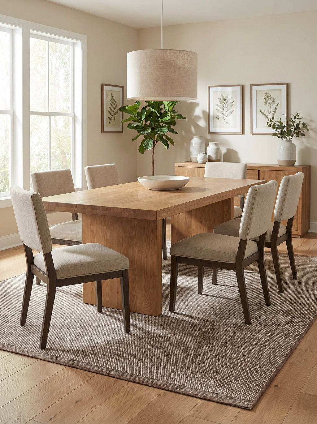 Tapis beige Cassis sous une table de salle à manger en chêne