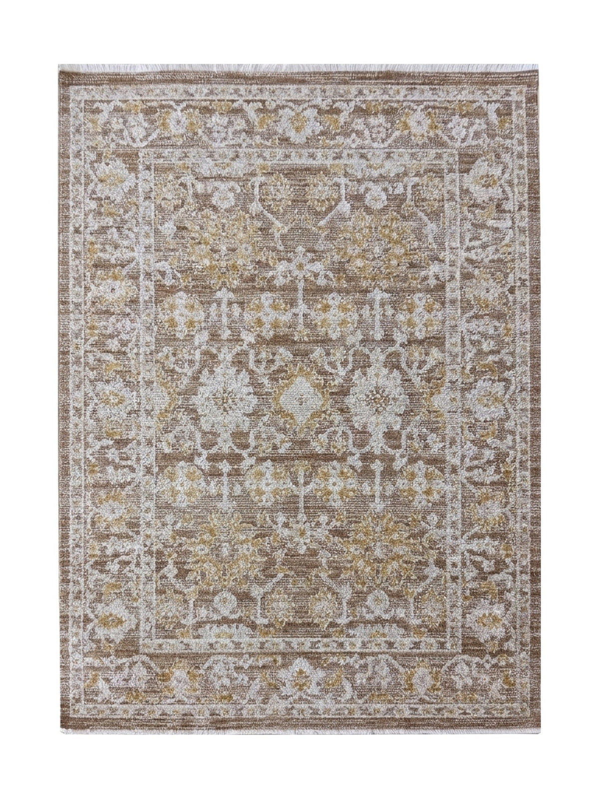 Tapis vintage oriental Gordes, motifs floraux crème et moutarde sur fond taupe, vue de dessus