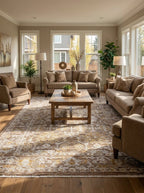 Tapis vintage oriental Gordes dans un salon lumineux avec table basse en bois