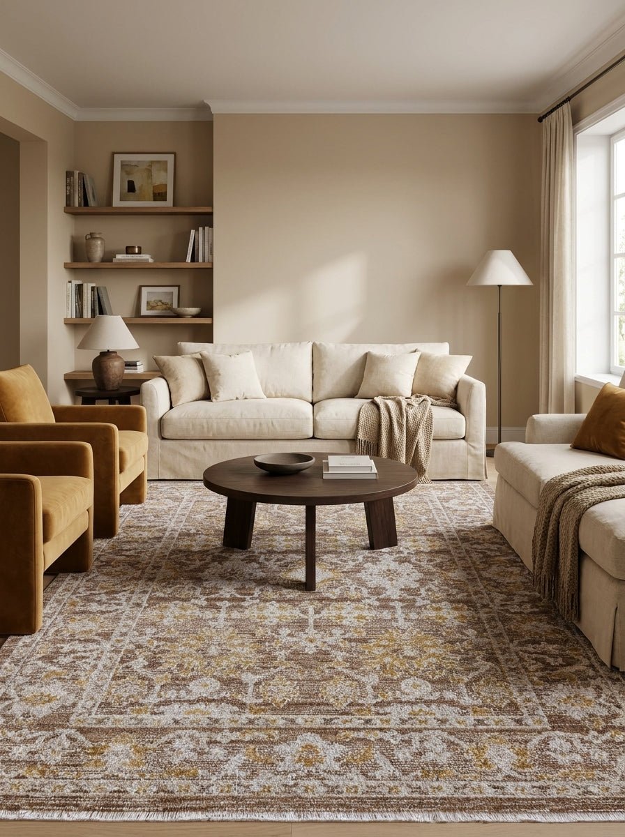 Tapis Gordes sous une table basse ronde, salon beige et fauteuils moutarde