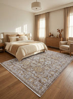 Tapis Gordes au pied d'un lit dans une chambre aux tons naturels